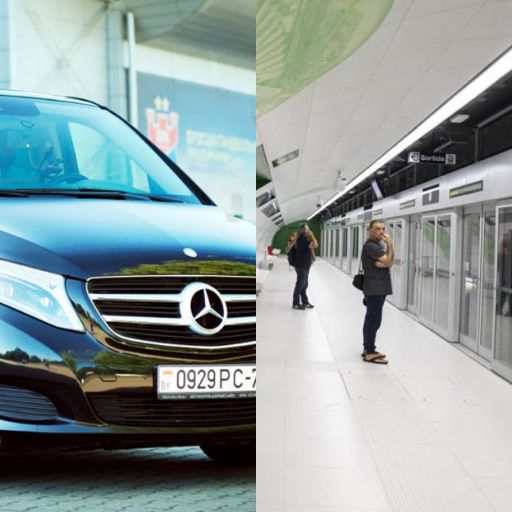 Coche de lujo y gente esperando al metro Coche de lujo y gente esperando al metro
