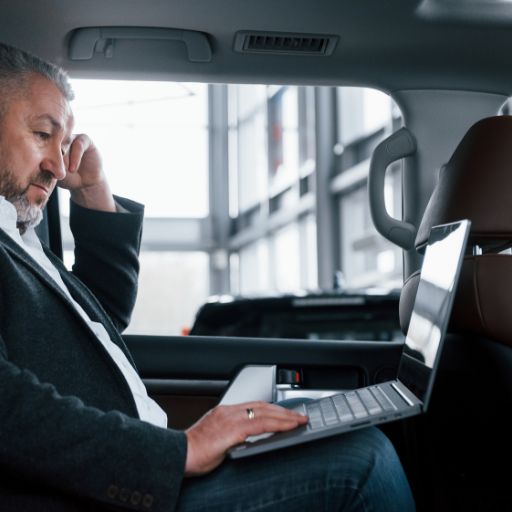 Hombre usando portátil dentro de coche Hombre usando portátil dentro de coche